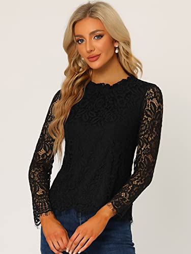 Allegra K Women's Lace Top Long Sleeve Ruffle Neck Floral Blouse X-Large Black #TOP1