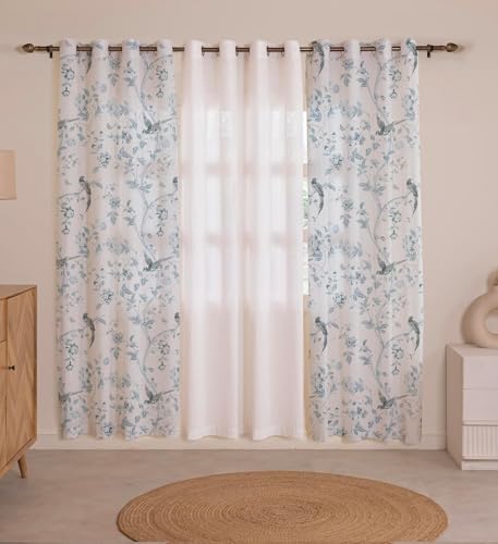 Image of LINENWALAS Decorative Cotton Sheer Curtains 5 Feet Long for Window, 3 Panel Printed Curtains for Home Decor, Living Room, Bedroom, Kitchen, Grommet Hanging (5 Feet x 4.5 Feet, Bird Paradise, White)