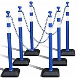 VILMON 6 Pack 40.6 Inch Traffic Delineator Posts with Fillable Base and Plastic Chain, Safety Delineator Post Cones with 2 White Reflective Stripes for Construction Work (Blue)
