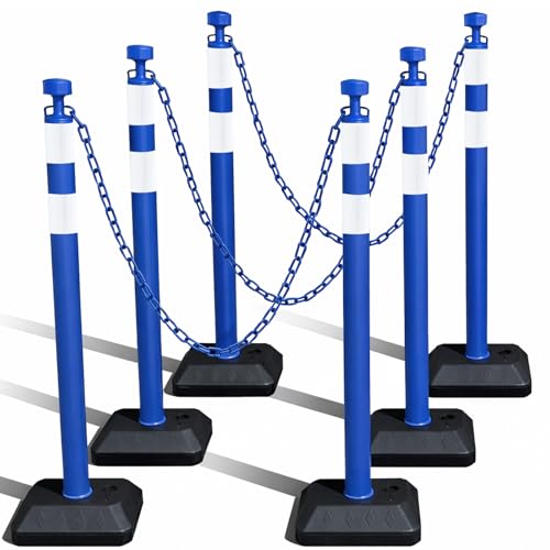 VILMON 6 Pack 40.6 Inch Traffic Delineator Posts with Fillable Base and Plastic Chain, Safety Delineator Post Cones with 2 White Reflective Stripes for Construction Work (Blue)