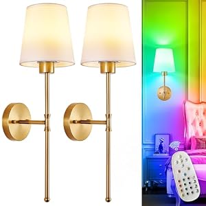 Depuley Battery Operated Wall Sconce: Set of 2 Wireless Wall Lights with 10000mAh Dimmable Bulbs and Remote for Bedroom – Rechargeable 15 Colors Gold Wall Lamp for Living Room Hallway
