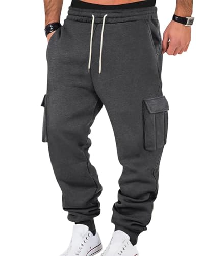 Wangdo Mens Cargo Sweatpants Heavyweight Elastic Waist Fleece Lined Joggers for Men with Pockets Baggy Drawstring Track Pants Dark Grey