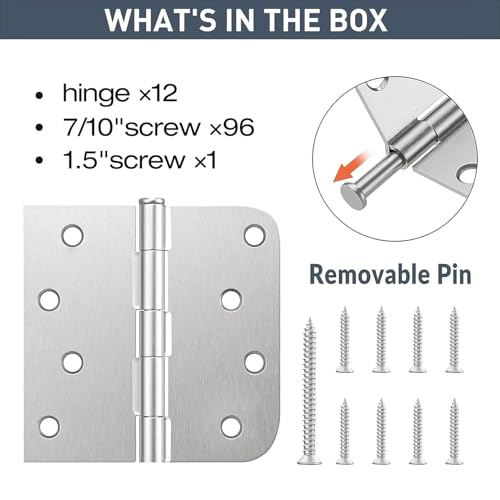 HOSOM 12 Pack Brushed Nickel Exterior Door Hinges 4 Inch, 5/8" Radius, Removable Pin, Perfect for Heavy-Duty Front & Back Door, Antirust & No Squeaks by HOSOM - Image 3