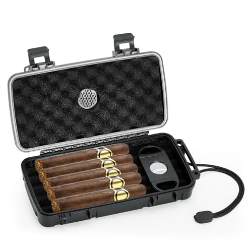 BLUEZY Cave À Cigares De Voyage, Boîte À Cigares Portable avec Humidificateur Et Coupe-Cigares, Étui Étanche Et Hermétique pour 5 Cigares, Zigarrenzubehör, Cadeaux pour Homme