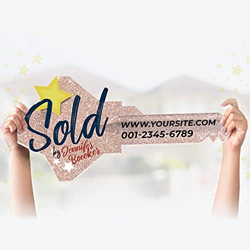 Personalized Giant Key Sign For Realtors - Custom Sold Key For Real Estate Agents - Customized Real Estate Marketing Sold Key Prop - Real Estate Closing Prop - Rose Gold Star Style Size S