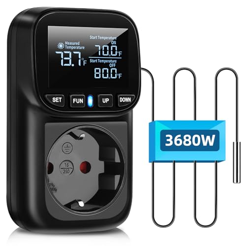 Digital Temperaturregler Steckdose,230V Thermostatsteckdose mit 2m Fühler,Heizung Kühlen Temperaturschalter Thermostat Steckdose Temperaturschalter für Gewächshaus Aquarium Kühlschrank