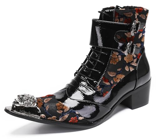 Santimon Mens Cowboy Boots Dress Party Western Boot Metal-Tip Toe Patent Leather Casual Ballroom Hight Top Chelsea Boots for Men Boys