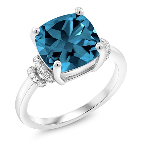Gem Stone King 925 Sterling Silver London Blue Topaz Engagement Ring For Women (4.64 Cttw, Cushion Cut 10Mm, Gemstone Birthstone, Available In Size 5, 6, 7, 8, 9) #TOP1