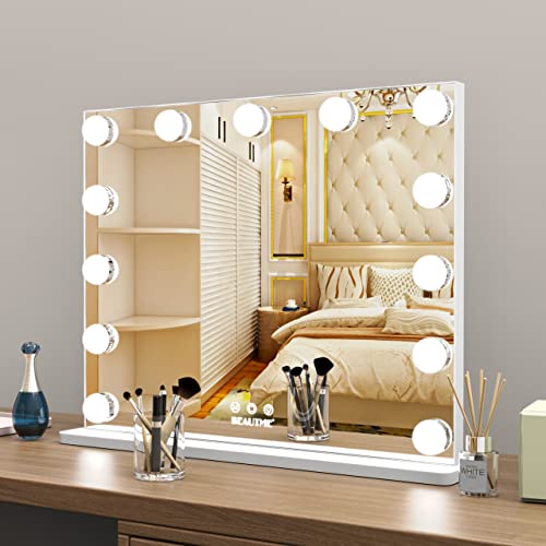 WONSTART Espejo Tocador con Luz,Hollywood Espejo Maquillaje con 13 Bombillas LED Montaje en Pared/Mesa 3 Modos de Colores y Brillo Ajustable,10x Espejo de Aumento(50x40CM,Blanco)
