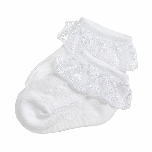 EPEIUS 3 Pair Pack Baby-Girls Eyelet Frilly Lace Socks Newborn Girl Princess Ankle Socks White 0-3 Months - Thumbnail 5