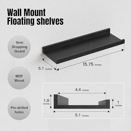 5 Floating Wall Shelves Set - Black, 45% Off, Now $21.99