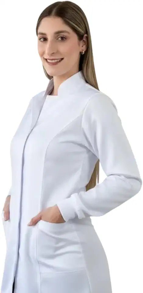 Jaleco Médico Feminino Branco, Manga Longa, Gola Alta com Botão, Profissional de Saúde