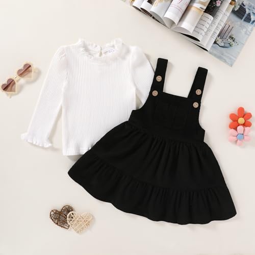 Happy Town Toddler Girl Clothes Long Sleeve Fall Outfits Ruffle Ribbed Floral Tops Overall Dress Set with Pocket2