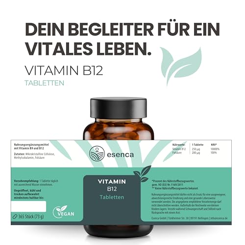 Vitamin B12 Tabletten hochdosiert – 365 Tabletten Jahresvorrat – 250 µg Vitamin B12 + 200 µg Folsäure – vegan – ohne Zusatzstoffe