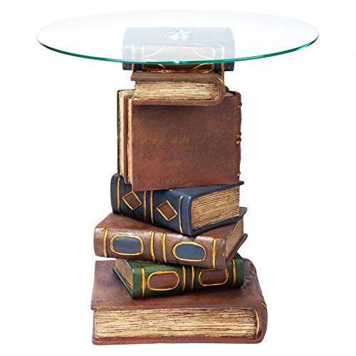 Design Toscano Stacked Book Volumes Vintage Decor End Table With Glass Top, 20 Inch, Polyresin, Full Color #TOP4