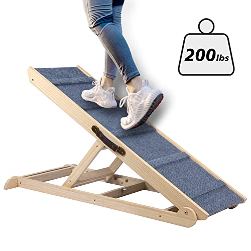 Finnhomy Adjustable Dog Ramp, Wooden Folding Dog Safety Ramp For Bed, Cars, Height Adjustable From 13" To 24.8" , Supports Up To 200 Lbs, Pre-Assembled, Great For Small And Older Dogs #TOP4
