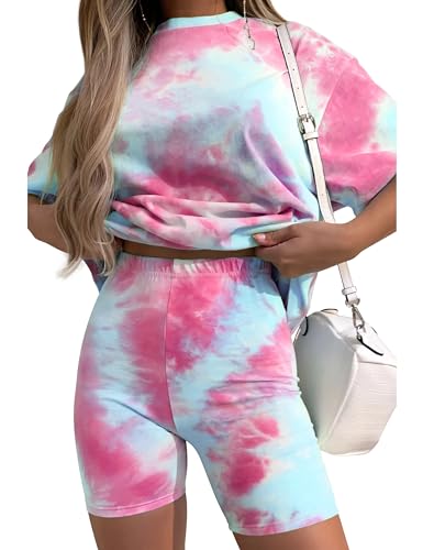 2-Piece Outfits Biker Shorts Set - Tie Dye Set Cute Two Piece Outfits Summer Short Sets
