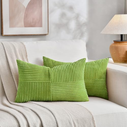 Image of Fancy Homi Set of 2 Lime Green Lumbar Decorative Throw Pillow Covers 14x24 Inch for Couch Bed, Modern Farmhouse Boho Home Decor, Soft Striped Corduroy Rectangle Accent Cushion Case 35x60 cm