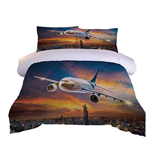 UDUVOG Parures De Lit Sets - Housse De Couette en Microfibre avec Fermeture Éclair pour Adultes Enfants 200X200Cm Avion De Ville Housse De Couette 1 Personnes + 2 Taies 65X55Cm Cover