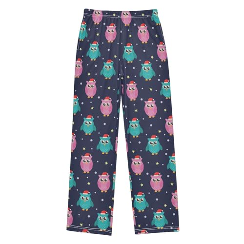 Owl with Xmas Hat Snow Boys Long Pants Soft Trousers Elastic Waist Kids Lounge Bottoms with Pockets S-XL