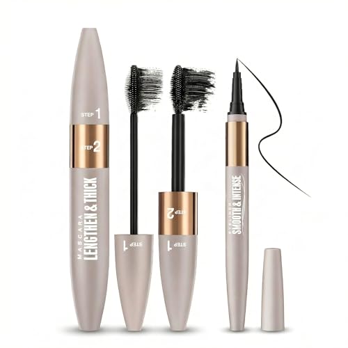 2-in-1 Wimperntusche Wasserfest mit Kajalstifte, Doppelbürste Waterproof Mascara Wimperntusche Lange Wimpern, Eyeliner Feiner Pinsel Schwarz, Extra Long & Thick Augen Makeup, Schwarz