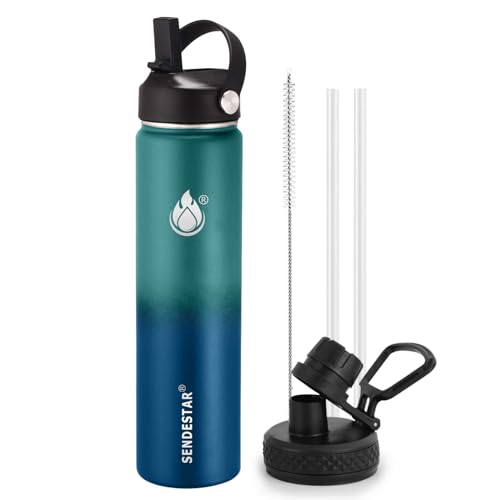 Image of SENDESTAR Insulated Water Bottle 24 OZ, Wide Mouth 24 oz Water Bottle with Straw Lid, Spout Lid, Double Wall Vacuum Stainless Steel Leak Proof, Keeps Liquids Hot or Cold (Green & Blue)