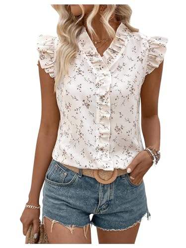 Women's Floral Print Blouses Ruffle Trim Cap Sleeve V Neck Blouse Boho Shirts Tops