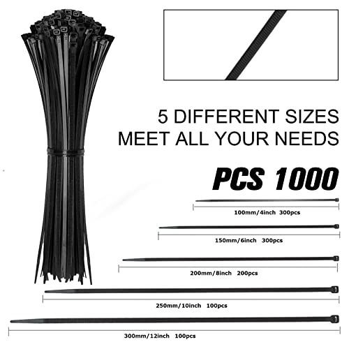 Cable Zip Ties,1000 Packs Self-Locking Nylon Cableties Assorted Sizes 4+6+8+10+12-Inch,Multi-Purpose Wire Management Ties,Zip Wire Tie Perfect For Home,Garden Trellis,Office,Garage And Workshop(Black) #TOP1