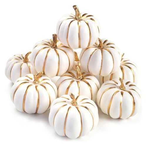 DomeStar 10PCS White Foam Pumpkins with Gold Lines, Artificial Pumpkins Harvest Fake Maple Leaves for Decorating Fall Farmhouse Thanksgiving Home