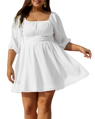 Women Plus Size White Dress Square Neck Elegant Bow Tie Empire Waist Vacation Flowy Wedding Guest Dress New