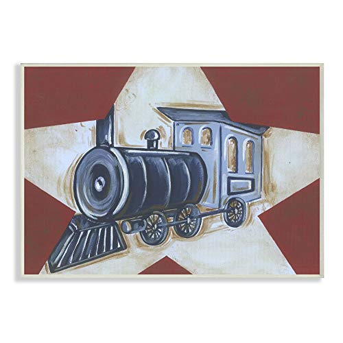 The Kids Room by Stupell Blue Train on White Star and Red Background Rectangle Wall Plaque