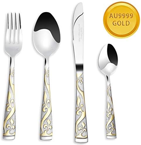 Cutlery Set,ZXSFC 4-Piece Stainless Steel Flatware Set Silverware Gold Forks Spoons Knives Set, Gold Mirror Finish, Ideal for Home Wedding Festival Party, Dishwasher Safe,Service for 1