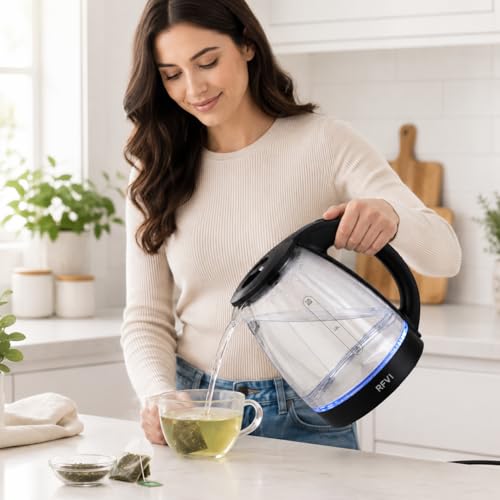 Image of Glass Electric Kettle 2L | Transparent Borosilicate Glass Body with Blue LED Light, Stainless Steel Heating Plate, 360 Swivel Base, Fast Boil Water Kettle for Tea, Coffee & Instant Beverages