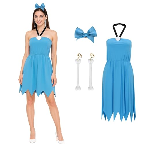 CLEDARM Women Betty Costume Caveman Blue Dress Halter Gown Earrings Hair Bow Outfit Family Halloween Cosplay Set (Medium)