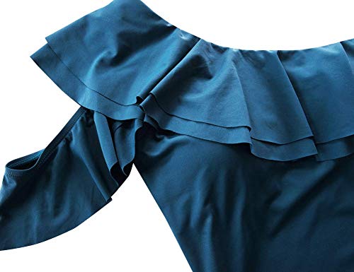 Hilor Women's One Shoulder Swimsuits One Piece Swimwear Ruffled Bathing Suits Monokini Aquamarine Blue 10 #TOP5