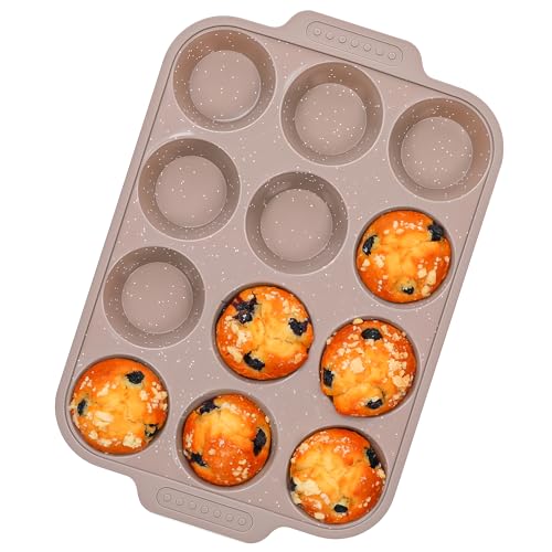 Image of 1 Pc Silicone Muffin Pans for Baking with Metal Reinforced Frame, Nonstick Cupcake Tray for Oven, 12 Cups Regular Size Silicone Molds for Egg Bites, Dishwasher Safe (Brown)