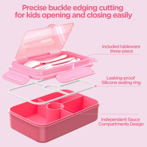 Jelife Kids Lunch Bento Box, Large Bento-Style Leakproof Boxes 4 Compartments Girls Snack Containers with Tableware for Back to School, Reusable On-the-Go Meal and Packing, Pink — view 3
