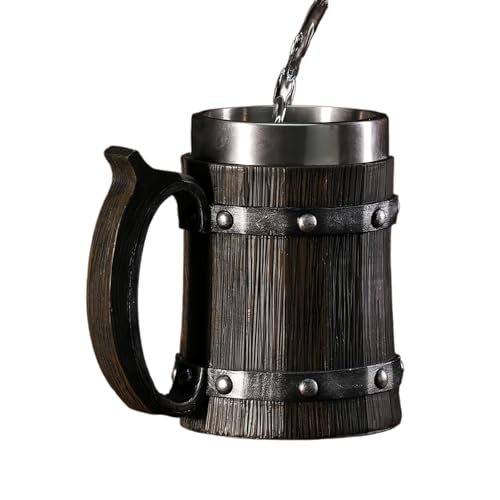 qingshenyi ビールジョッキ マグカップ レトロ風 木製スタイルのビールジョッキ 手作りビールマグ 酒器 バー 家庭用 大容量304ステンレスマグカップ個性的樹脂 クリスマスギフト パーティーデコレーション 紅茶 飲料 カップ 酒器 (600ml)