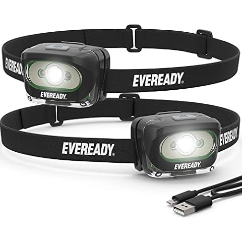 Eveready Rechargeable LED Headlamps (2-Pack), IPX4 Water Resistant Head Lights for Running, Camping, Emergency, Outdoors (USB Cable Included),Black (2-Pack),Adjustable Cover