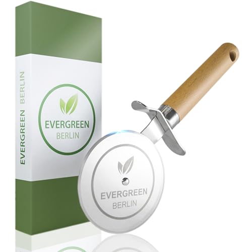 EVERGREEN BERLIN - Pizzaschneider - DAS ORIGINAL - Premium Pizzaschneider groß - Pizzaroller mit Pizzamesser aus Edelstahl ⌀ 9cm und Buchenholzgriff - Pizza Cutter mit Fingerschutz - Schneideroller