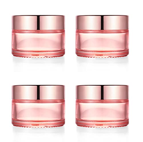 Furnido 4 Pack,1 oz 30ml Pink Glass Face Cream Jar Pot,Empty Thick Glass Cosmetic Cream Jar Container With Rose-Golden Cover,Inner Liners for Moisturizer,Eyeshadow,Makeup Emulsion