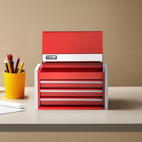 VEVOR Metal Tool Box, 8.6-inch, Portable Metal Tool Box with 3 Drawers, Small Tool Chest with EVA Liners and PP Feet Pads, Heavy-Duty Steel With Ball Bearing Opening and Powder Coated Finish, Red by VEVOR - Used condition - US$22.16