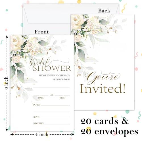 Creamy Rose Bridal Shower Invitation, Engagement Shower Invitation Cards, Ivory Eucalyptus Invite For Bridal Shower, 25 Double-Sided Fill in Invitations With Envelopes Celebration Party Supplies