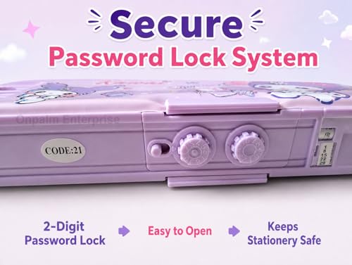 Image of Purple Multifunction Pencil Box for Girls with 2-Digit Password Lock, Built-in Sharpener & Calendar, Dual Sided Magnetic Geometry Compass Box with Pop-up Buttons, School Gift