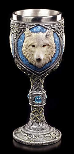 Figuren Shop GmbH Fantasía Cáliz- Einsamer Lobo con Azul Piedras Semipreciosas y Edelstahl-Einsatz, Pintado a Mano