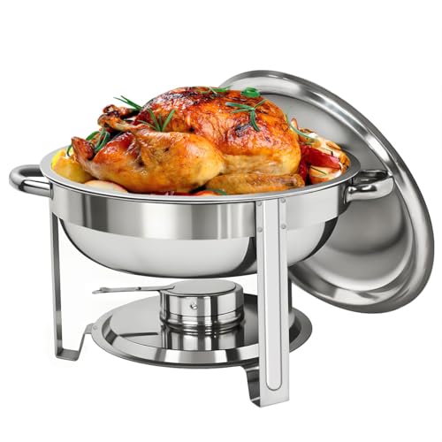 ZENY Round Chafing Dish Full Size 5 Quart Stainless Steel Deep Pans Chafer Dish Set Buffet Catering Party Events Warmer Serving Set Utensils w/Fuel Holder (1)