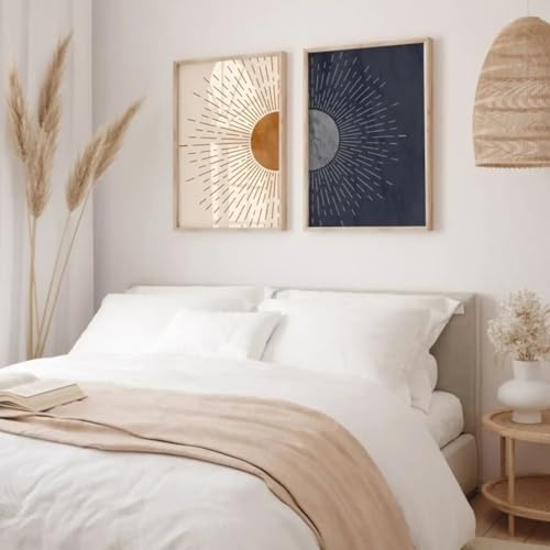 Décoration murale salon moderne avec grand tableau bohème soleil lune minimaliste - 3