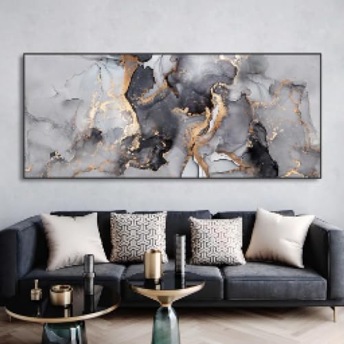 DHHXY Cuadros abstractos de gran tamaño en color negro y dorado sobre lienzo, arte para pared, impresiones en lienzo, pintura de lujo con textura de mármol, imagen moderna, 35 x 70 cm, sin marco