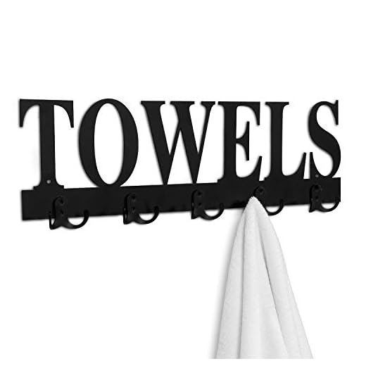 MyGift Wall Mounted Black Metal Towel Rack with 5 Dual Hooks and Cut Out Towels Design, Decorative Hanging Towel Hooks