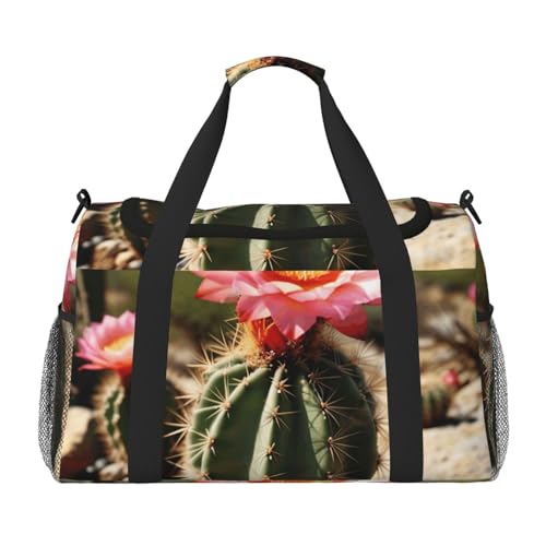 Cactus Floral Bloom Print Travel Duffle Bag - Foldable Personal Item Travel Bag for Women & Men,Carry-On Convertible Crossbody Tote Bags with Adjustable Shoulder Strap & Pockets 13x10.2x19.7 in